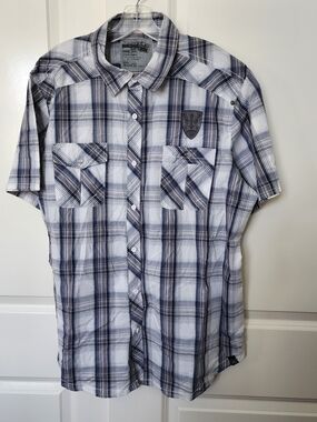 Machine Navy and White Plaid Short Sleeve Button-Down Shirt